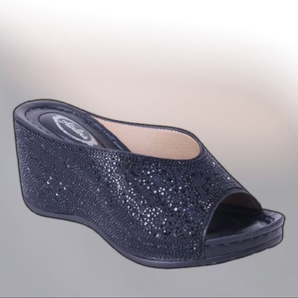 Selling Fast! Italina Bright Silver Rhinestone Embellished Wedge Heeled Mules - Picture 4 of 7